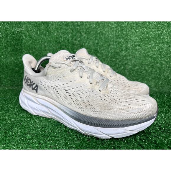 Hoka One One Clifton 8 Mens Size 10.5 White Gray Athletic Running Shoes Sneakers - Picture 1 of 8